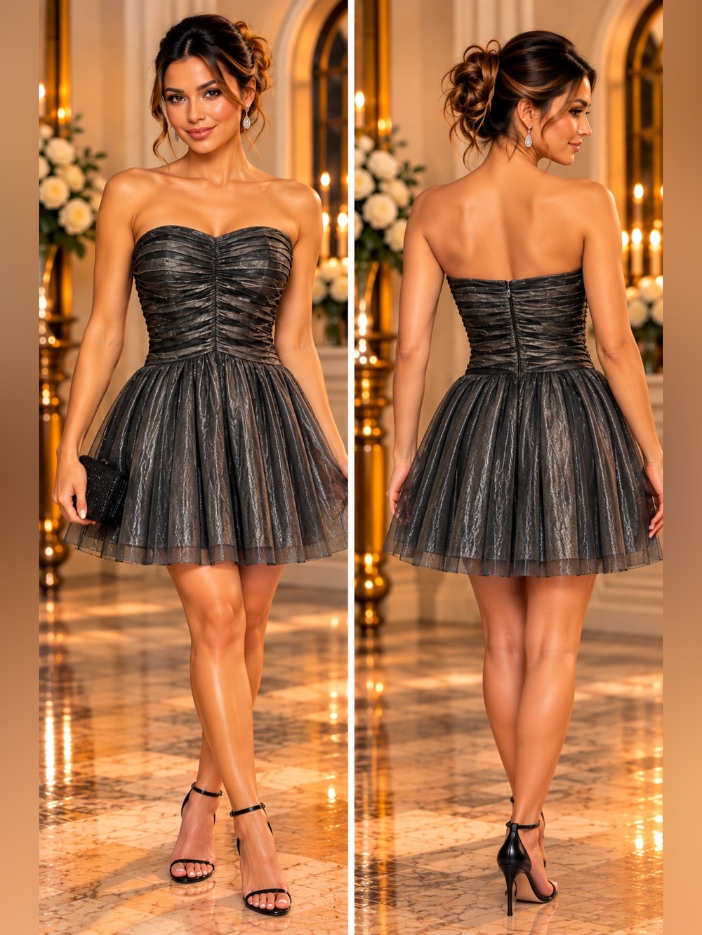 iROO Moderato Milano Gunmetal Black Tulle Ruched Strapless Cocktail Dress Sz 38